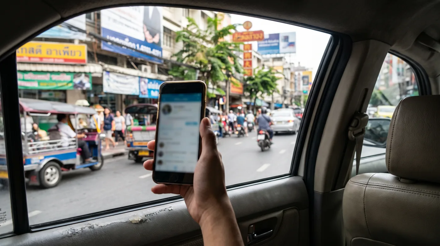 Passenger using the Grab app in the back seat of a car in Bangkok traffic