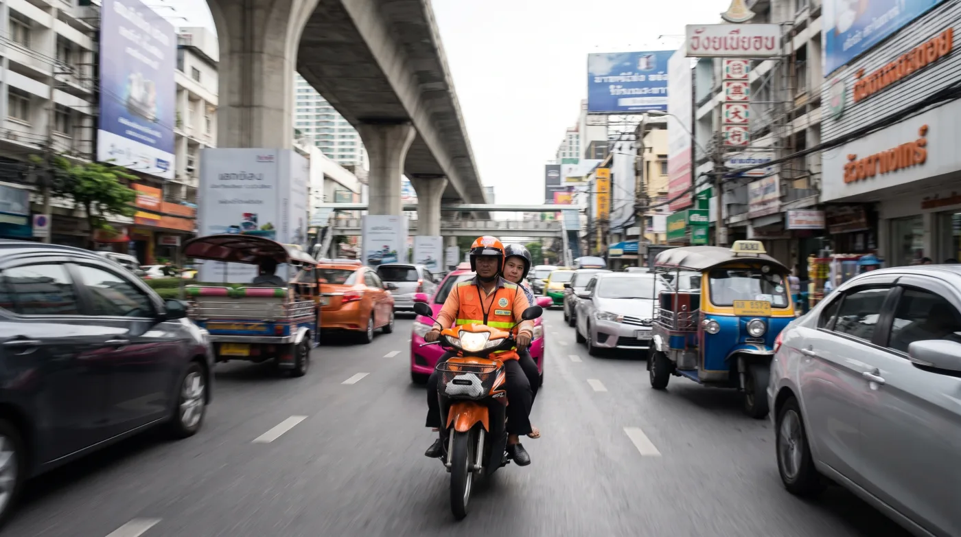 Orange-vest motorbike taxi weaving through Bangkok traffic