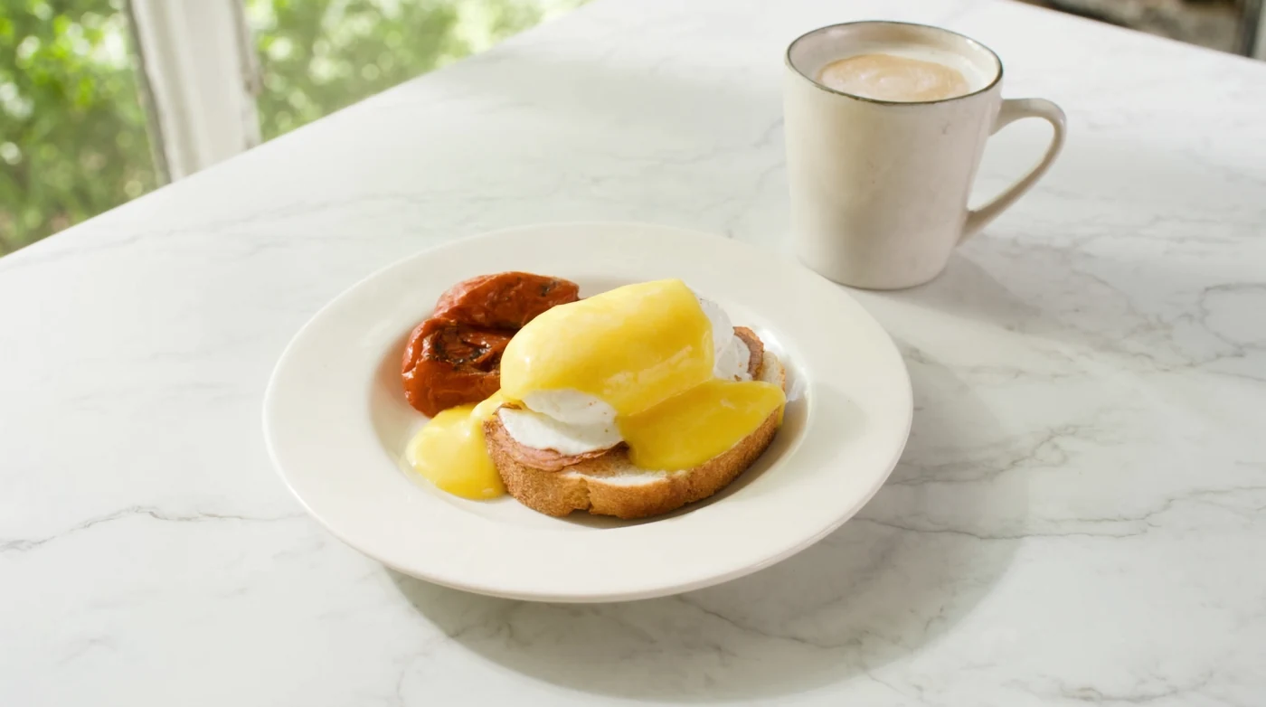 Plate of eggs benedict with hollandaise and a flat white on a marble table
