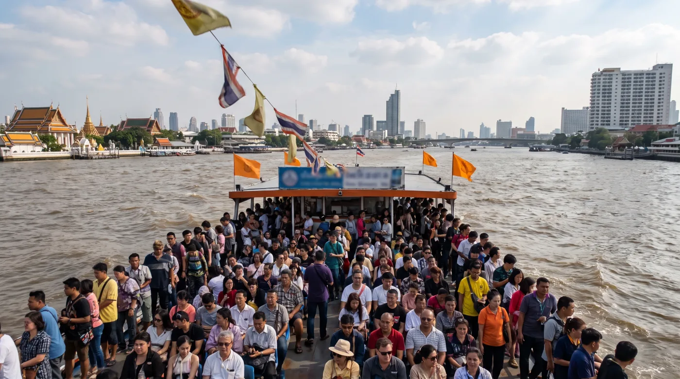 Orange-flag Chao Phraya Express Boat crowded with commuters