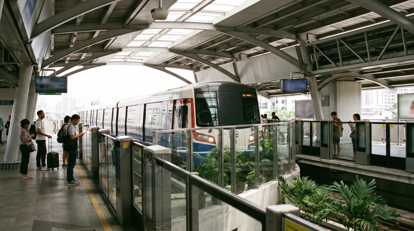 Elevated BTS Skytrain platform in Bangkok with a train arriving