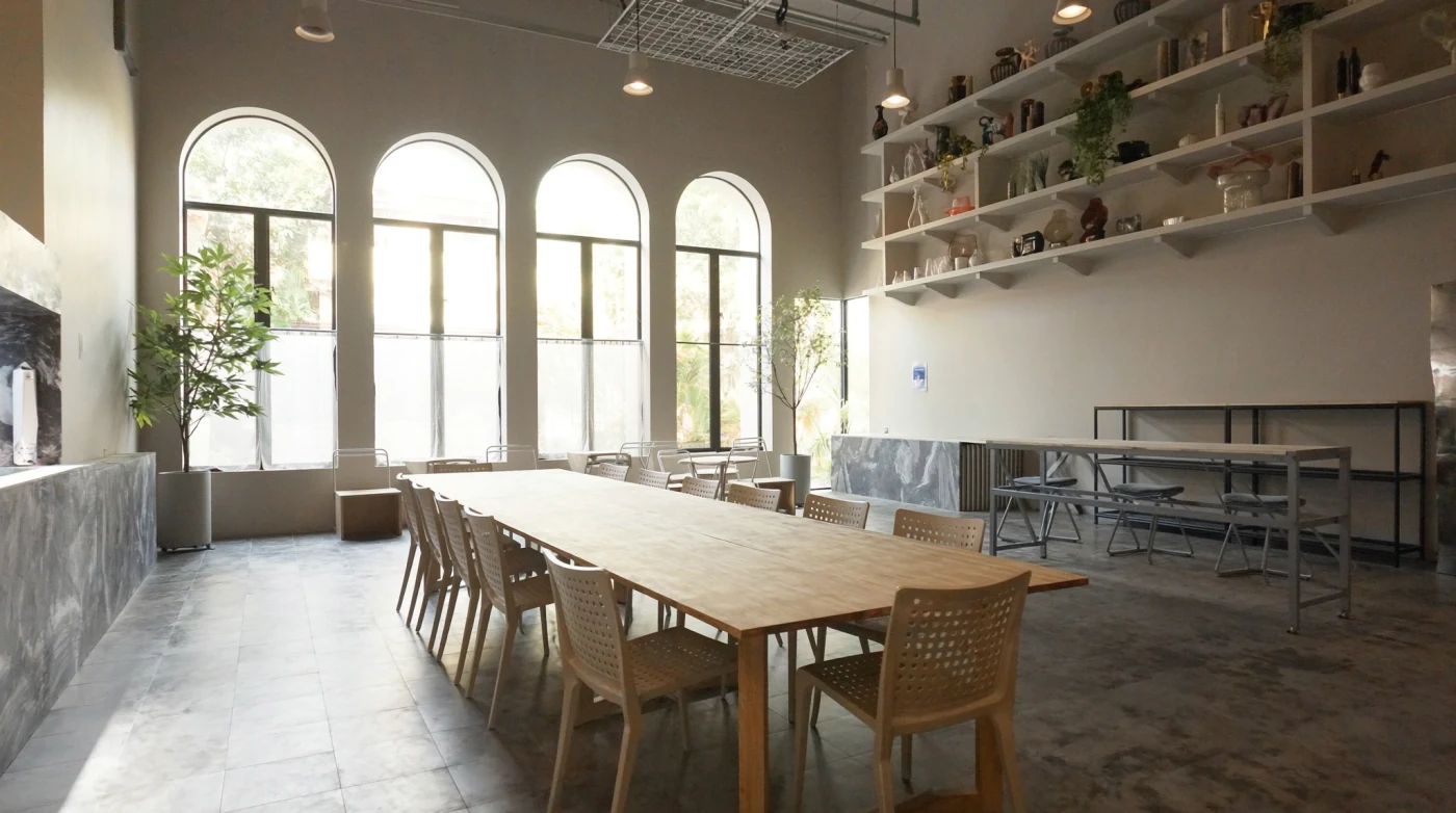 Design led Bangkok cafe interior with concrete, timber and large windows