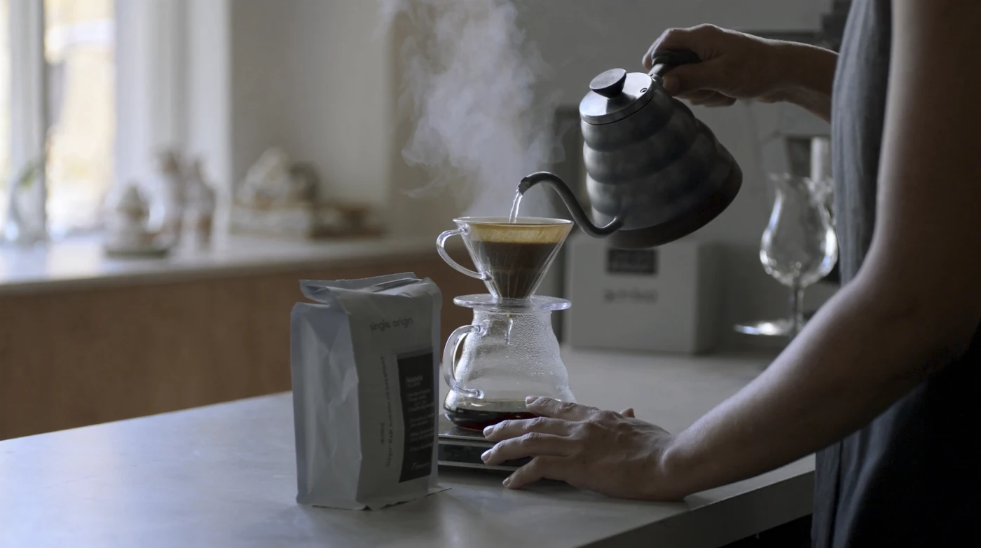 Barista pouring water over a filter coffee brewer on a cafe counter