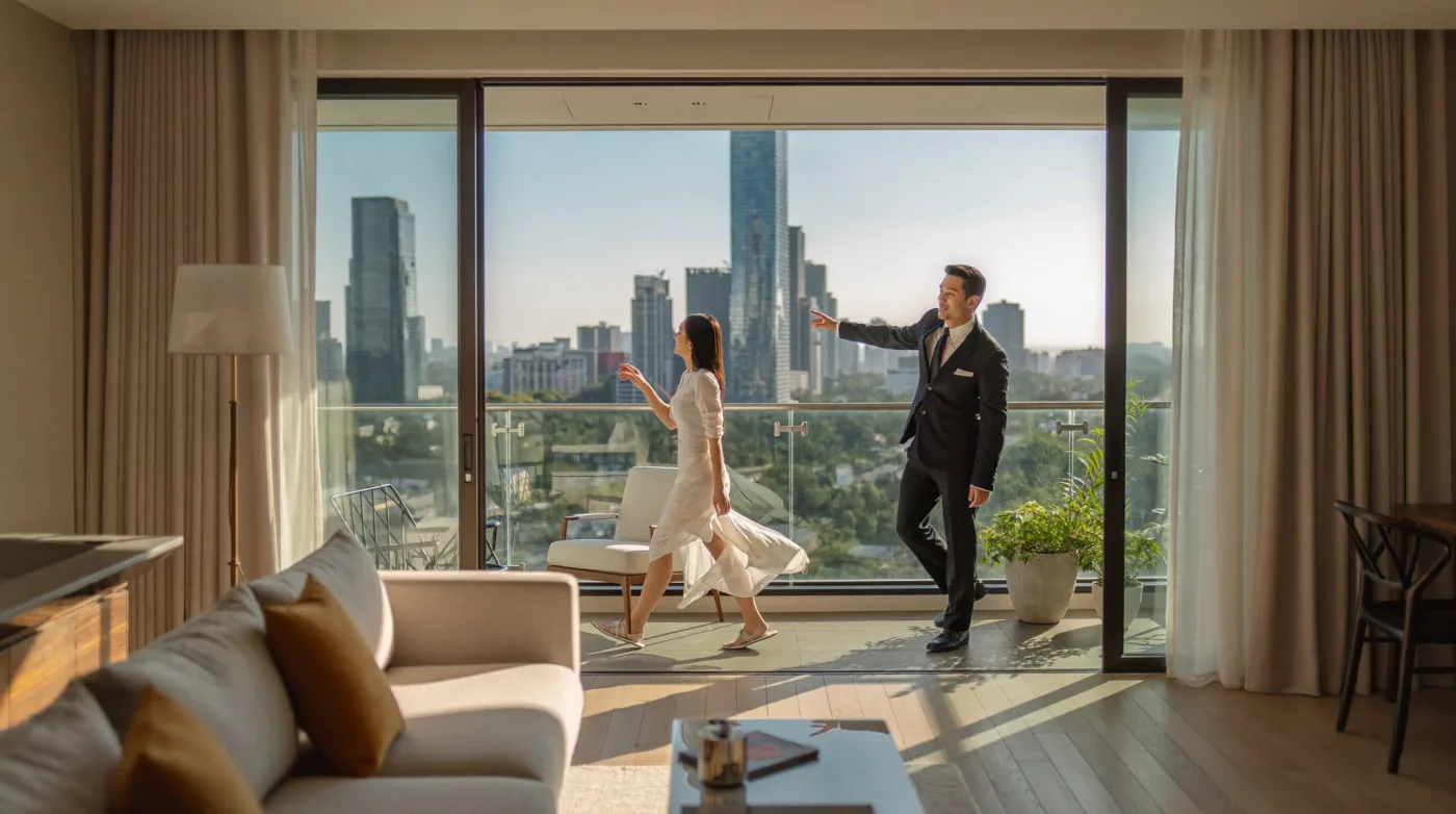 Couple viewing a furnished Bangkok condo living room with a balcony and city view