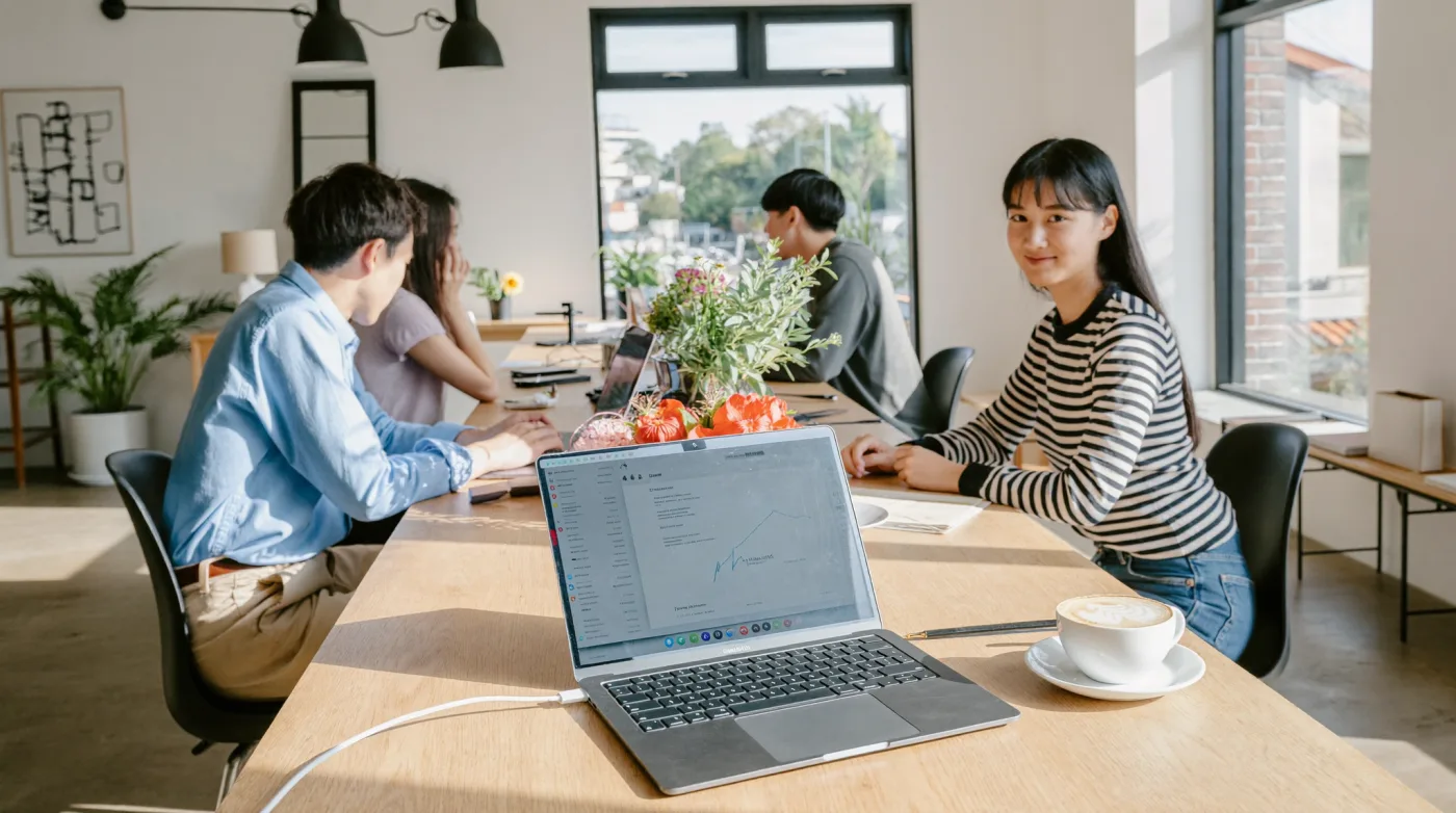 Laptop and coffee on a wooden table in a Bangkok cafe-style coworking room