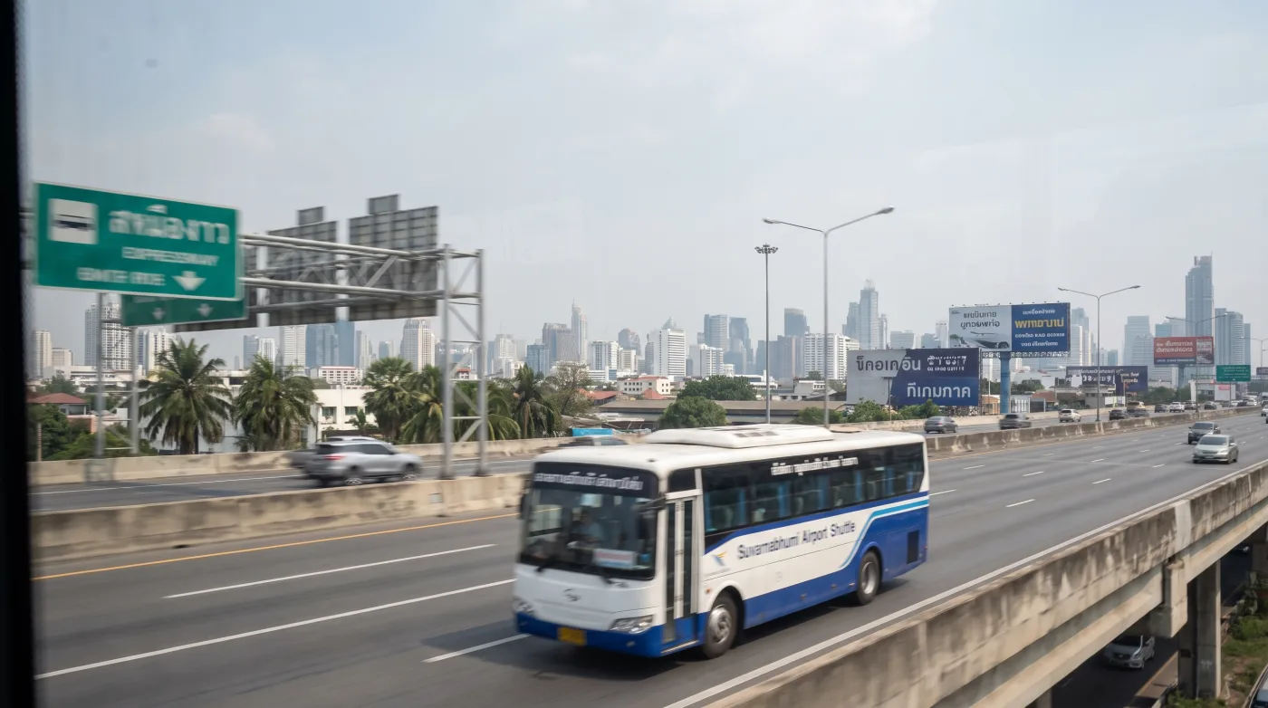 Airport shuttle bus on a Bangkok expressway heading toward the skyline
