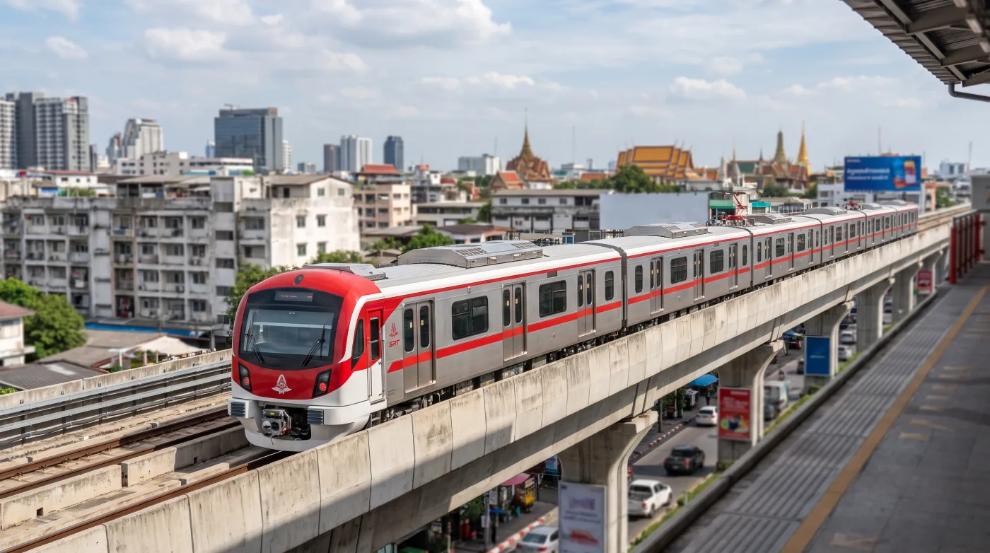 SRT Red Line commuter train on an elevated track in Bangkok