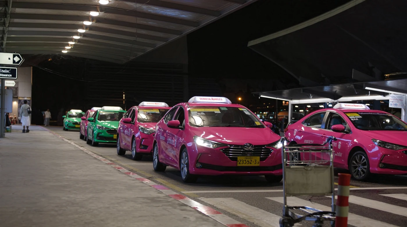 Line of taxis waiting under the canopy outside a Bangkok airport terminal at night
