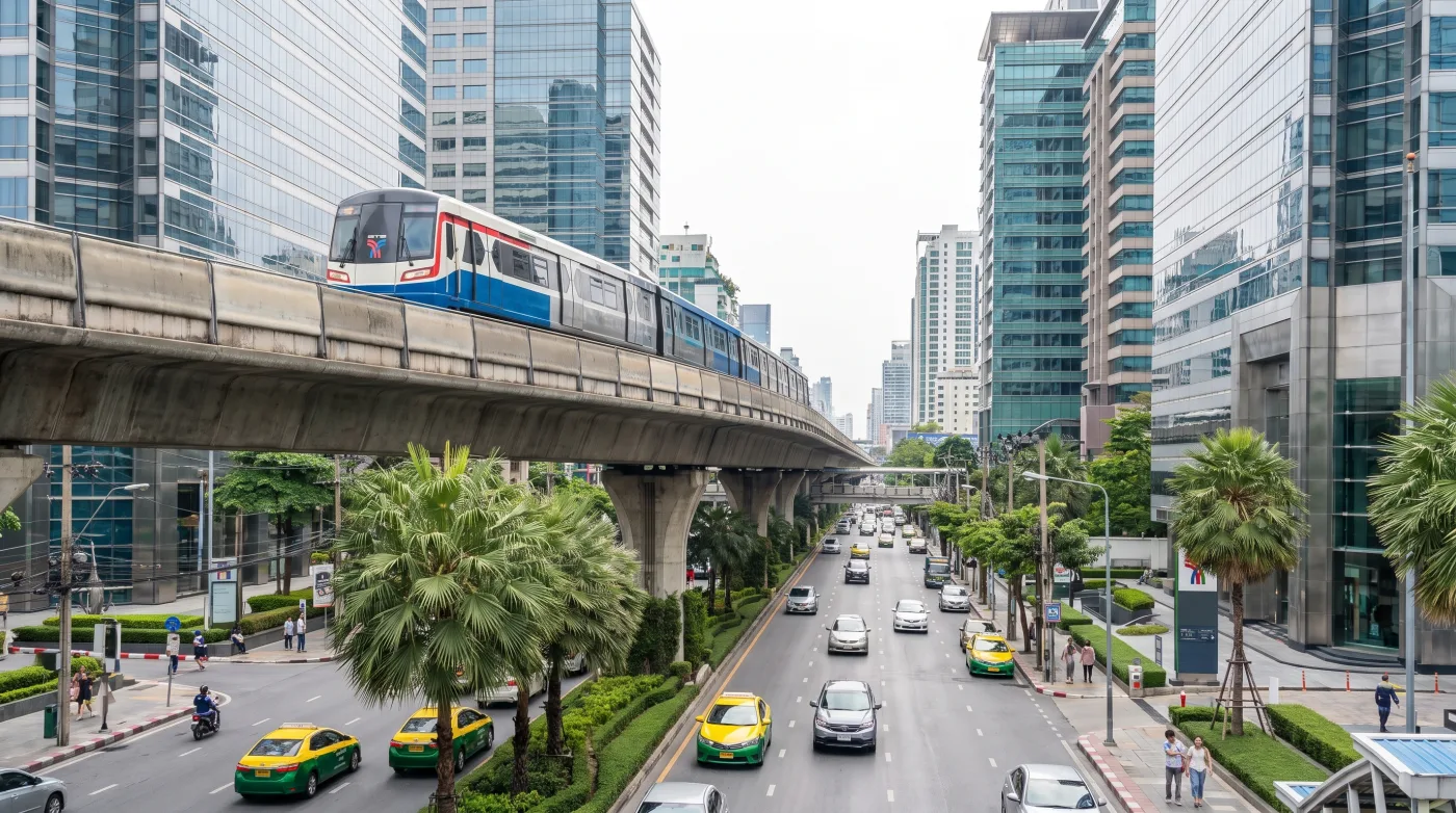 BTS Skytrain crossing central Bangkok at golden hour