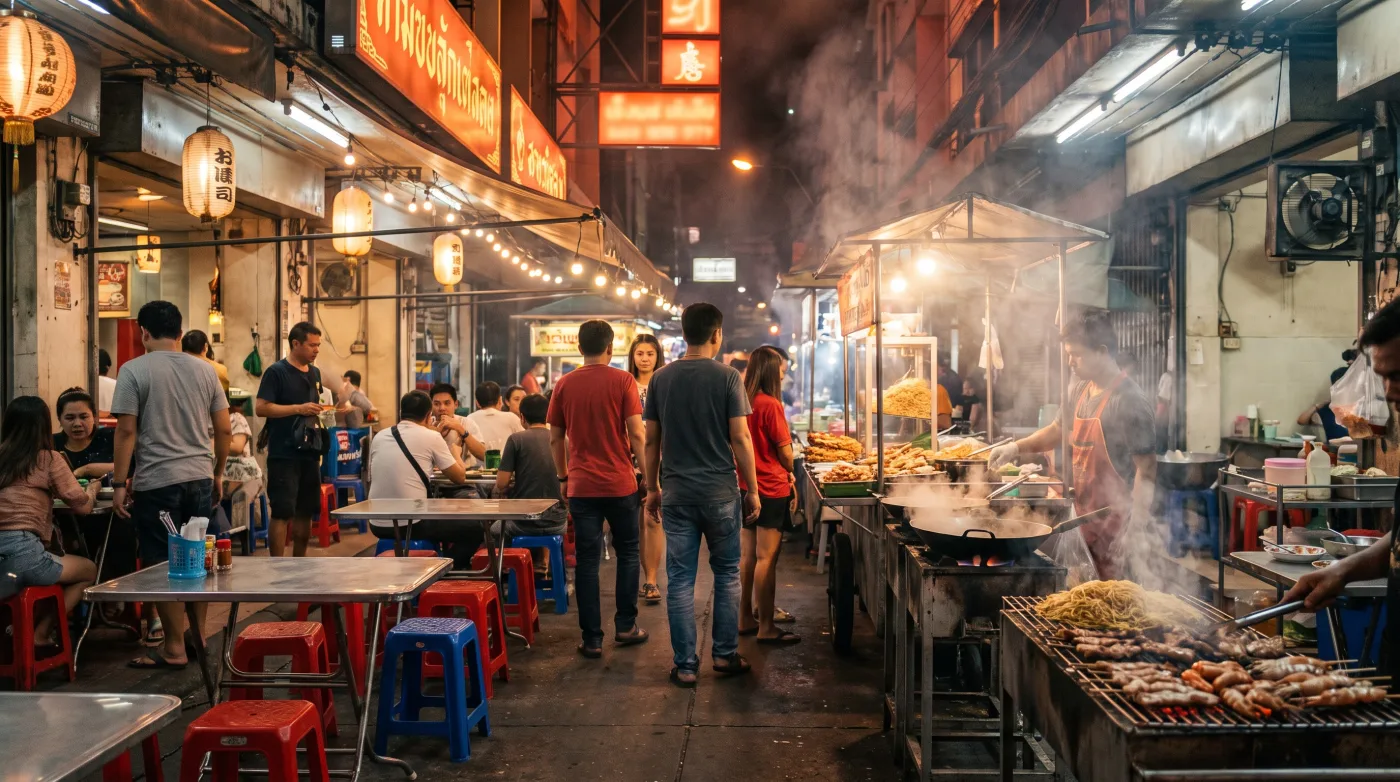 Sukhumvit street scene at night with neon signs and food stalls