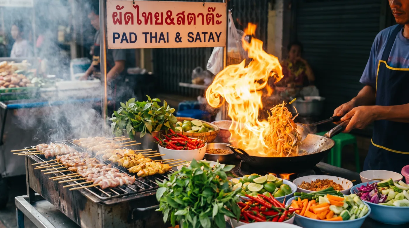 Thai street food market stall with grilled skewers and a flaming wok
