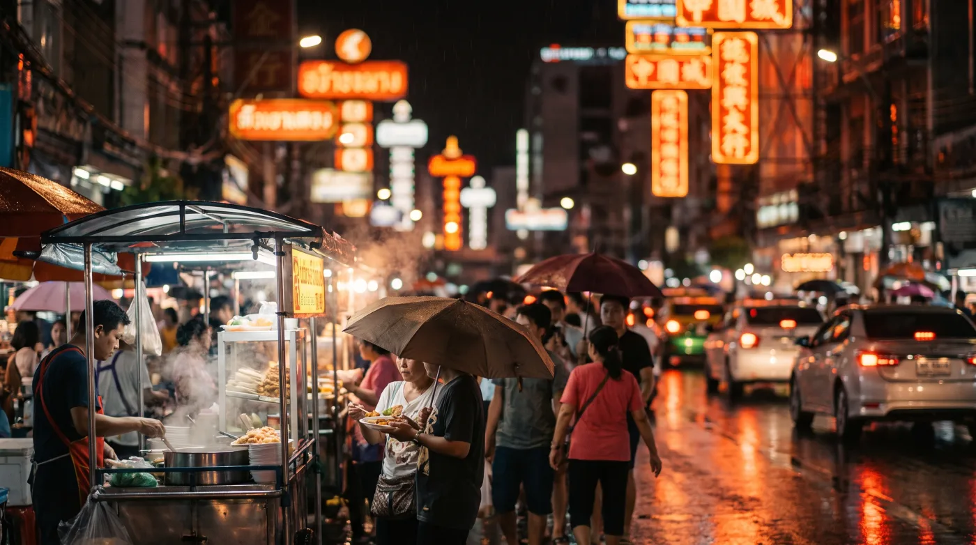 Yaowarat Road in Bangkok Chinatown at night with glowing neon