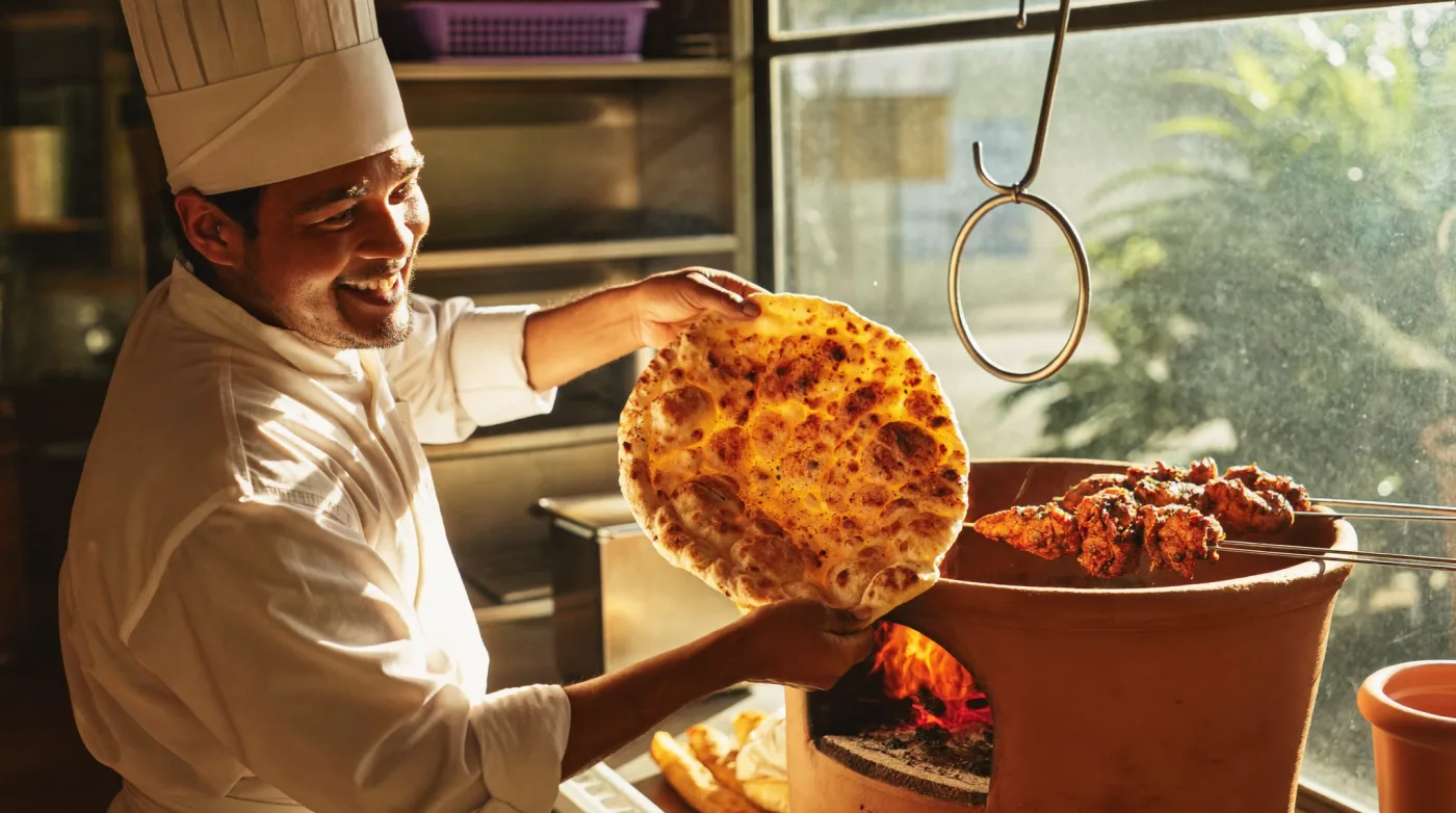 Naan bread and skewers cooking inside a clay tandoor oven