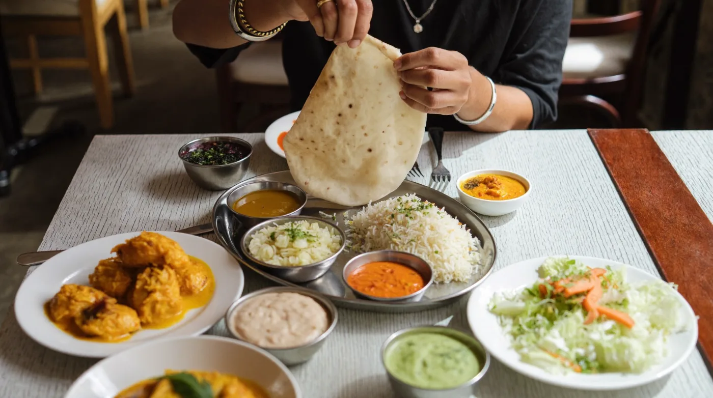 Hands tearing warm bread over a steel thali crowded with curries, rice and chutneys