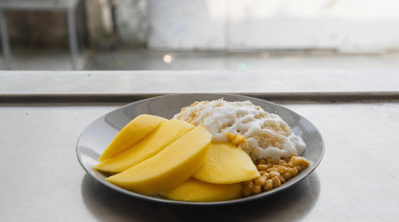 Plate of mango sticky rice on a street food counter in Bangkok