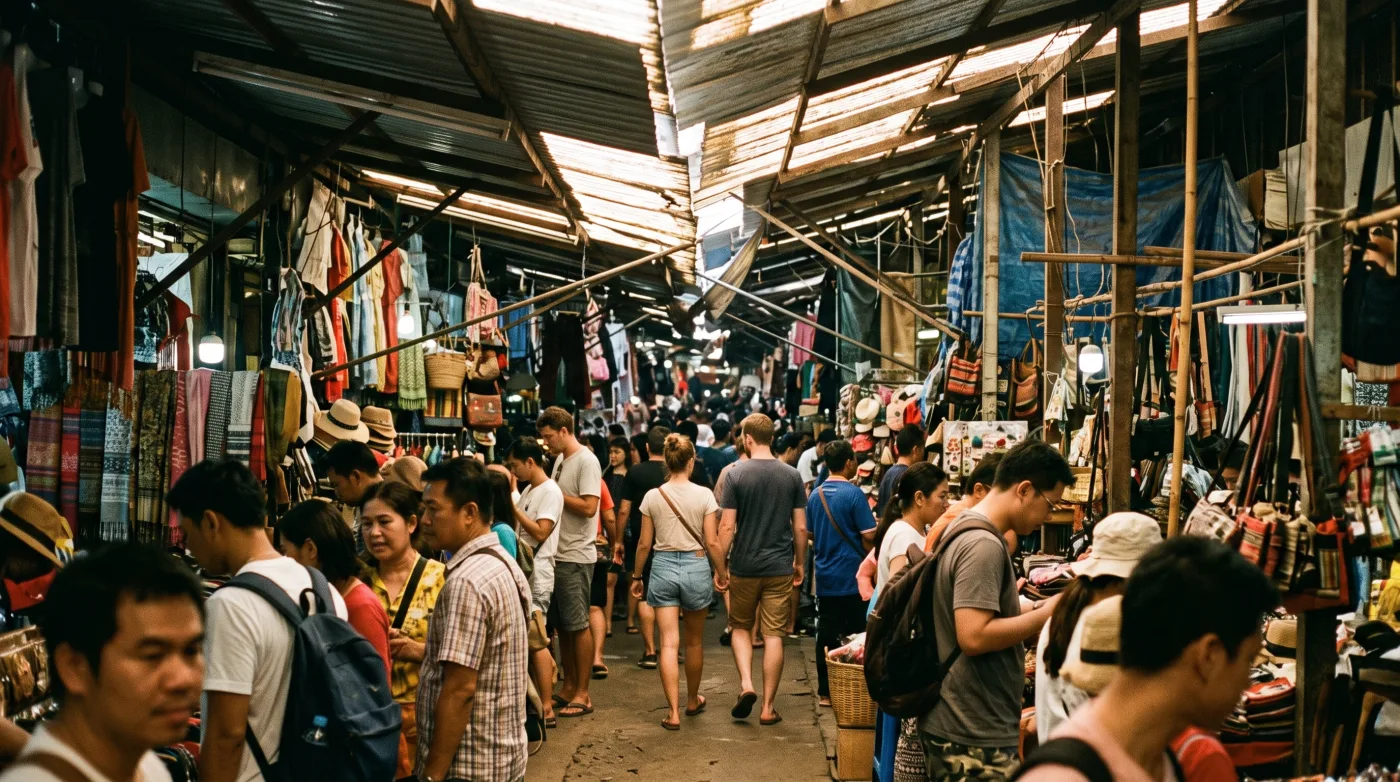 Shoppers browsing clothing and bag stalls in a narrow covered lane at Chatuchak Weekend Market