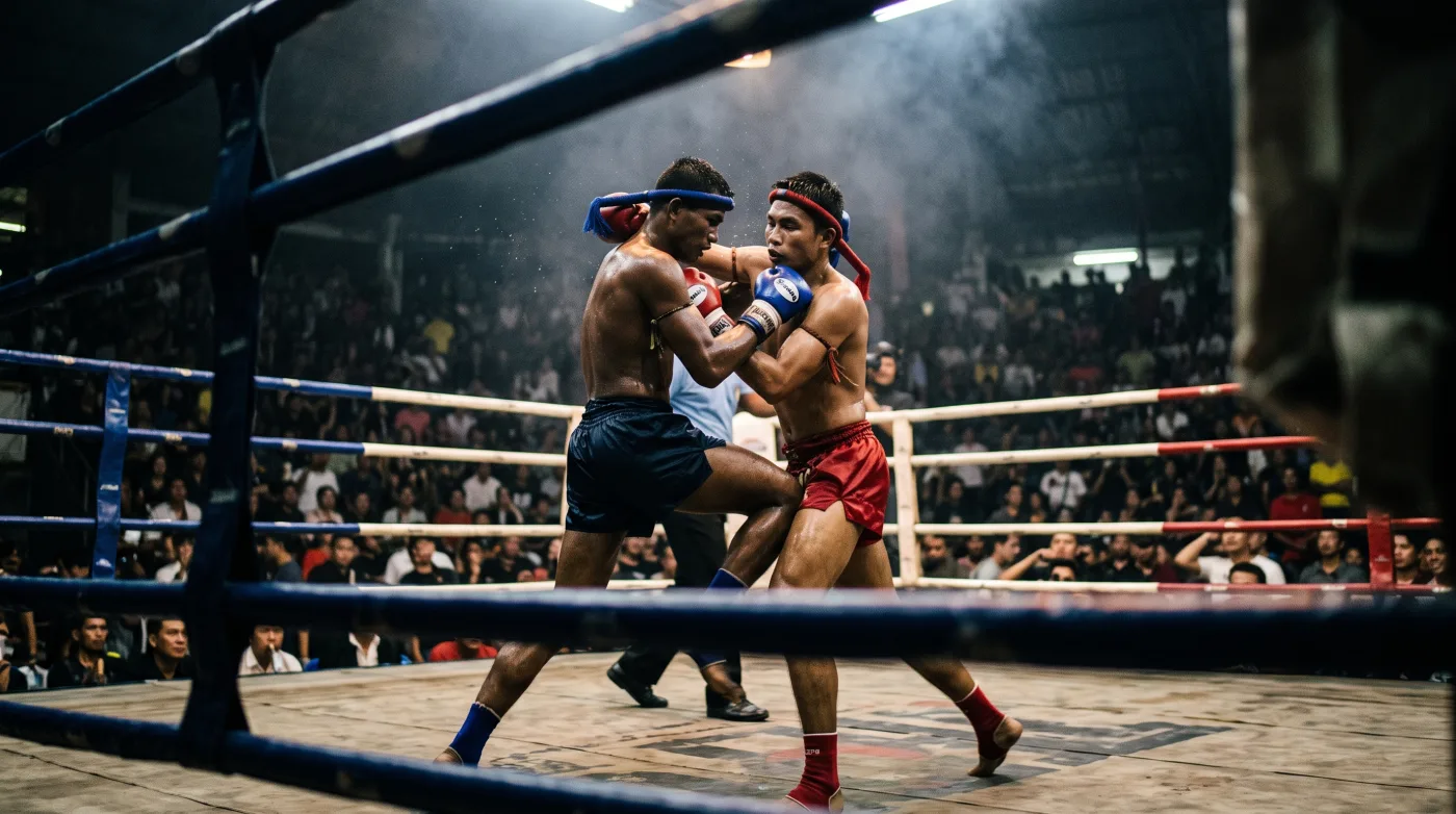 Two Muay Thai fighters clinching in the ring in front of a full stadium crowd