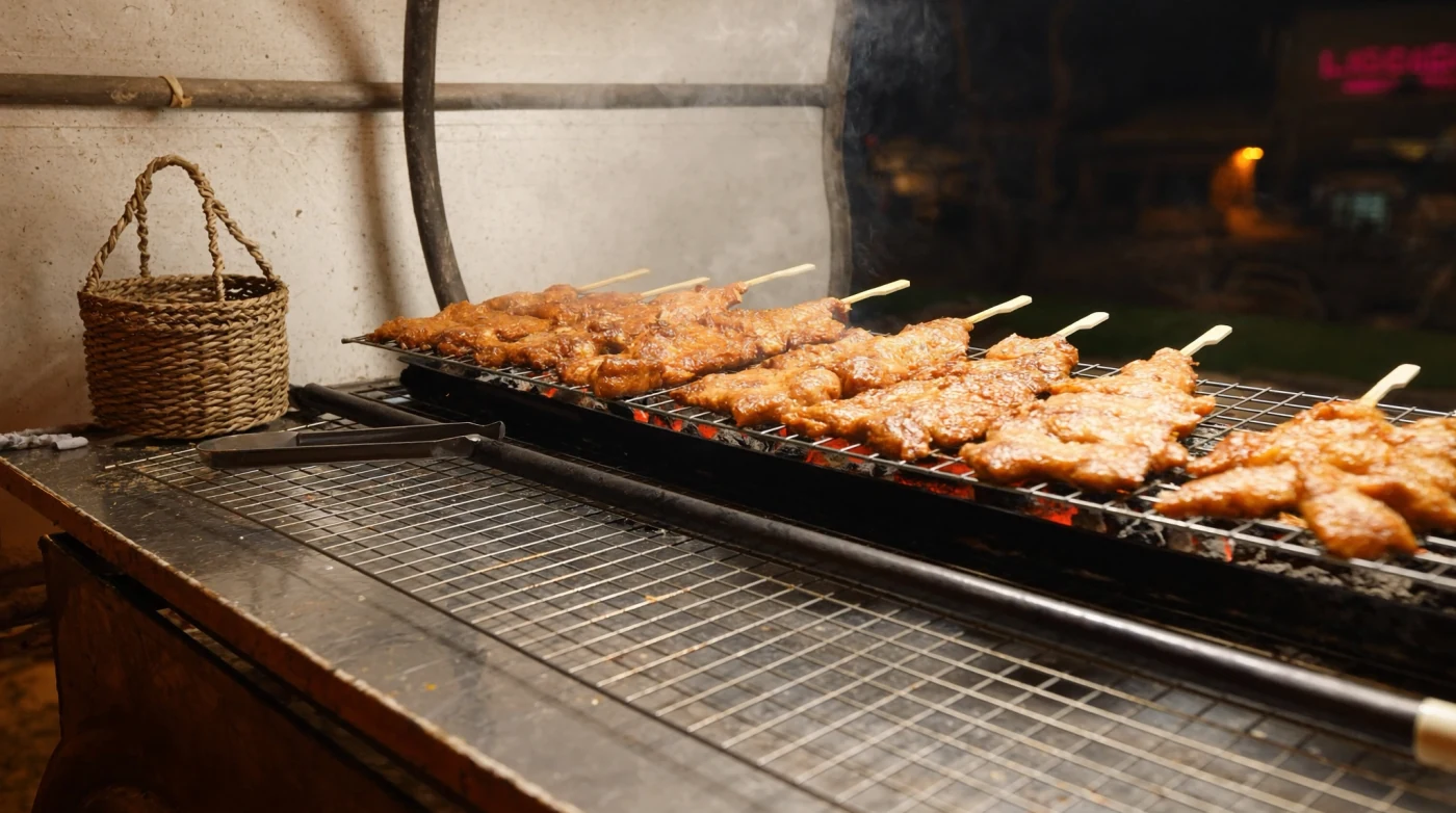 Pork skewers grilling over charcoal at a Bangkok street food cart at night