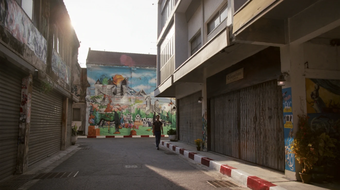Street art on century-old shophouse walls in a quiet Talat Noi lane