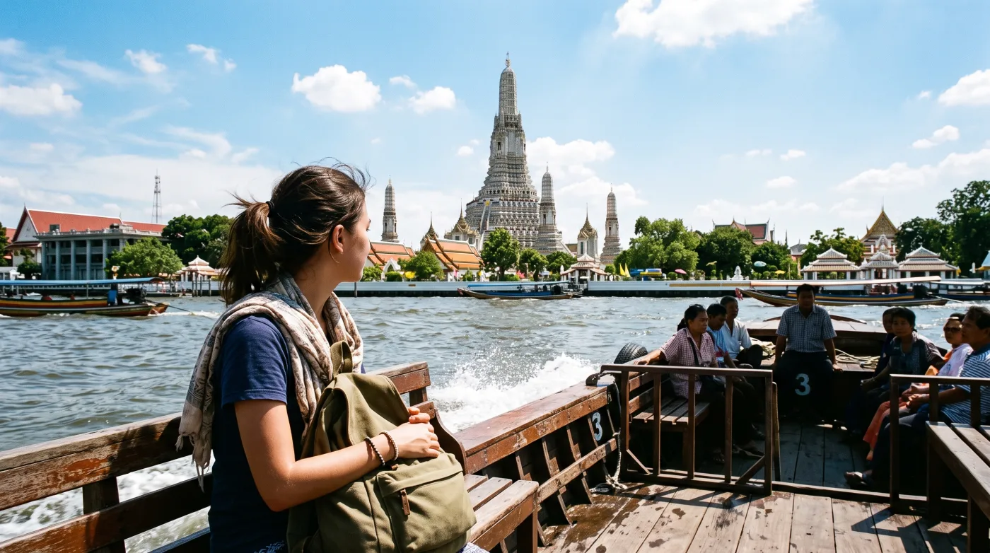 Traveller with a backpack on a wooden cross-river ferry with Wat Arun rising on the far bank