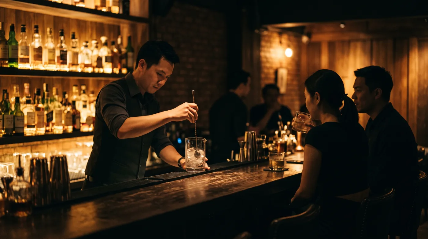 Bartender stirring a cocktail behind a dim wooden bar while a couple sits at the counter