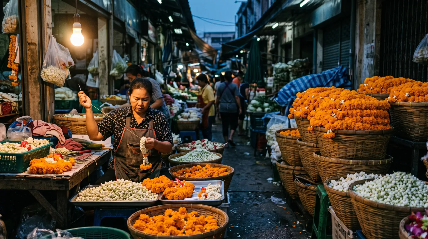 Vendor threading jasmine garlands beside baskets of marigolds at Bangkok's flower market before dawn
