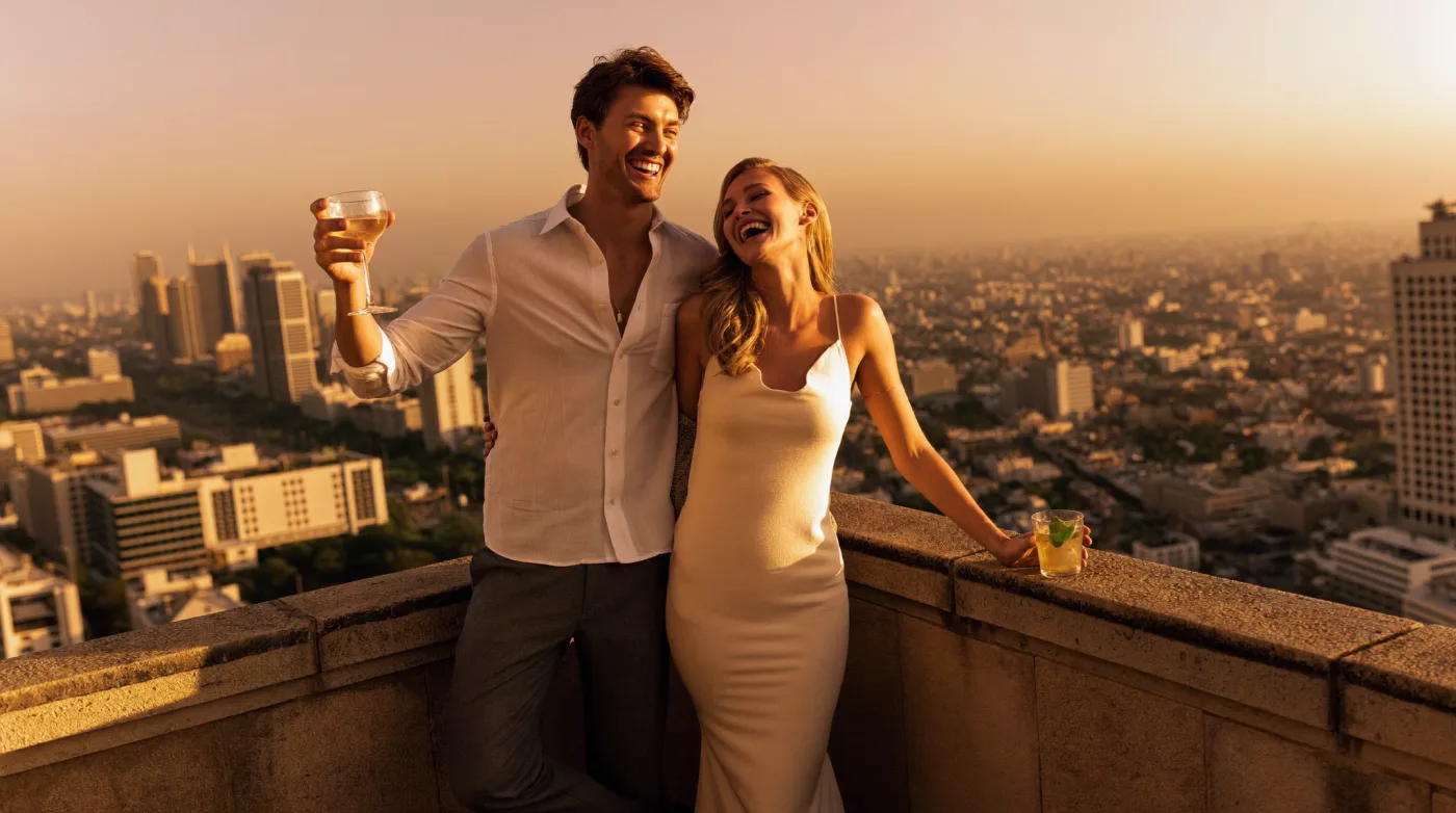 Couple laughing with cocktails on the parapet of a high Bangkok rooftop bar at sunset