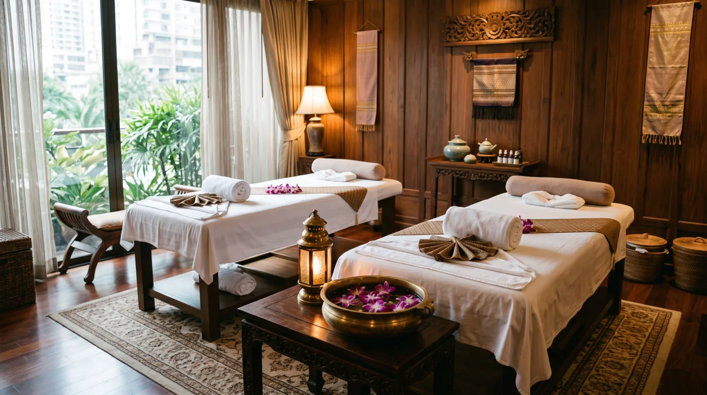 Two massage beds with folded towels and orchids in a wood-panelled Thai spa suite