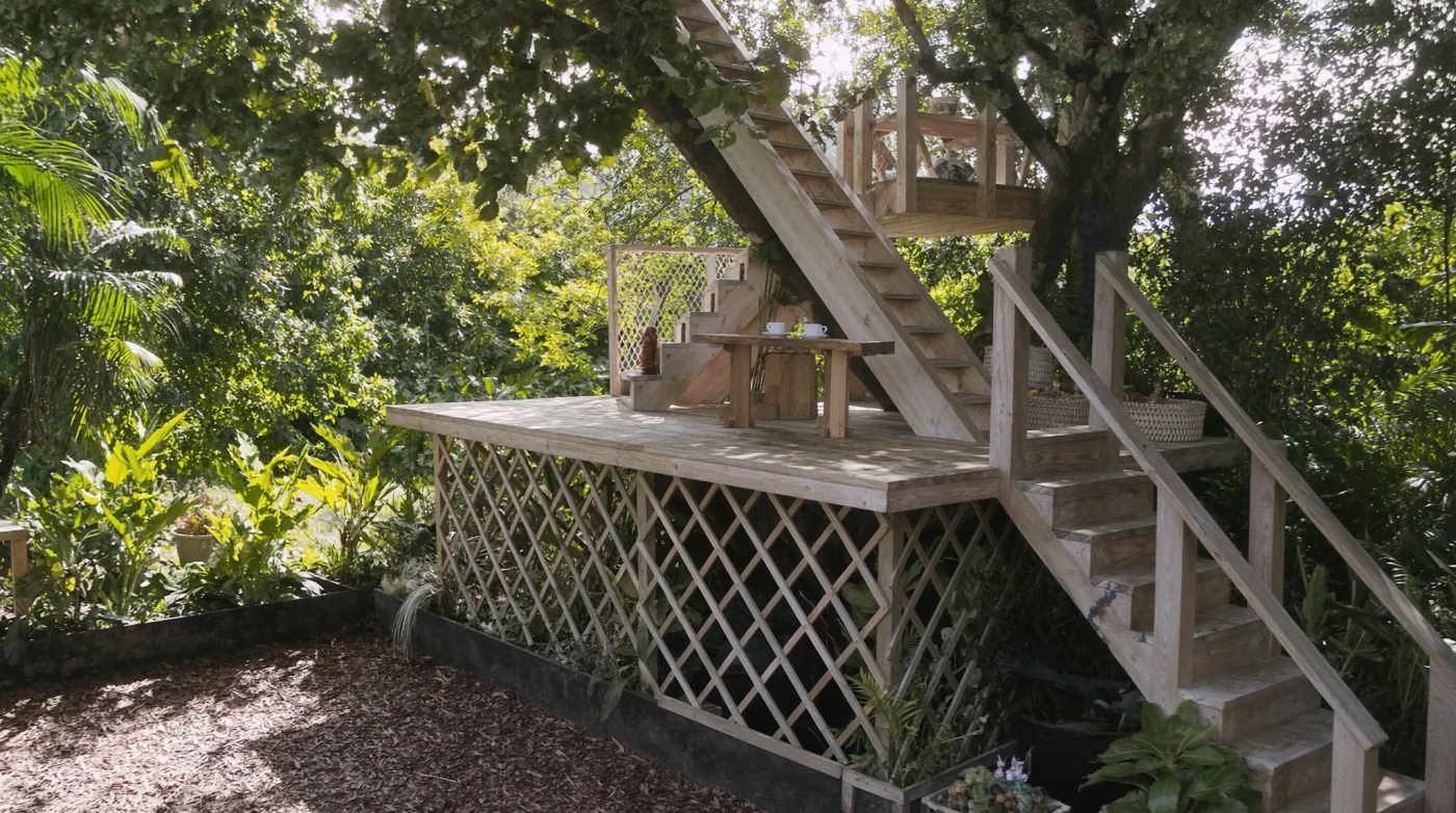 Two-person table on the upper deck of a planted timber treehouse cafe