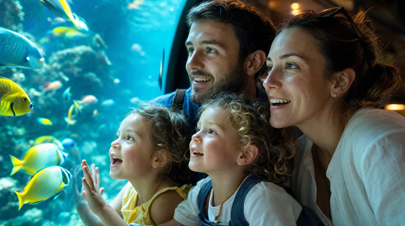 Family with two young children watching tropical fish through an aquarium viewing window