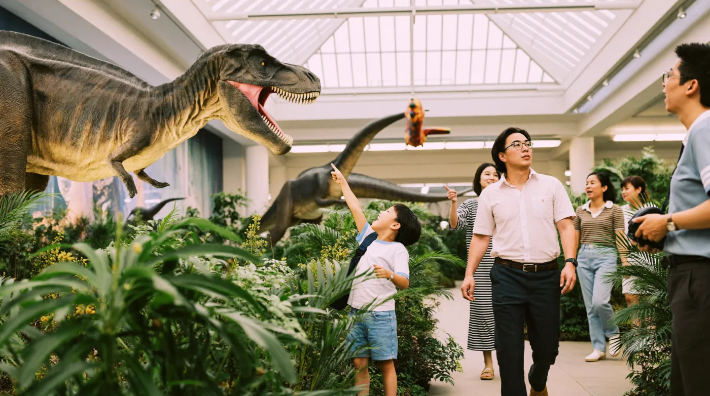 Children watching a life-size animatronic dinosaur on a themed indoor exhibition trail