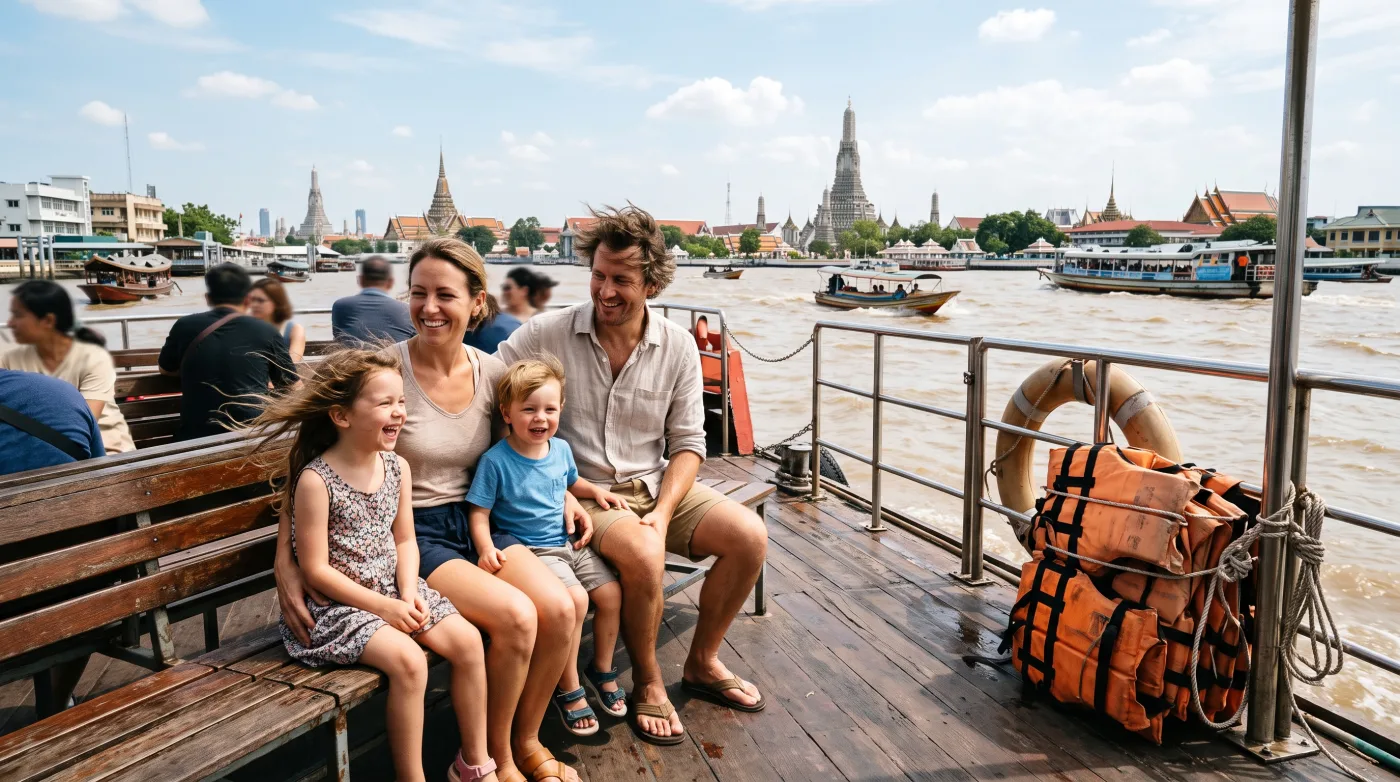 Family with two young children sitting on the deck of a Chao Phraya river boat with temple spires behind