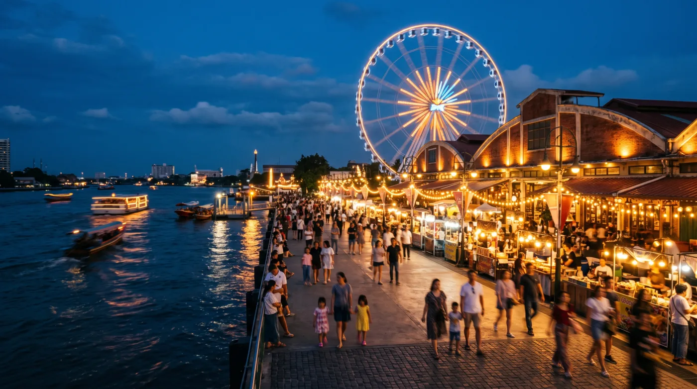 Riverside night market walkway with food stalls and a lit ferris wheel above the Chao Phraya