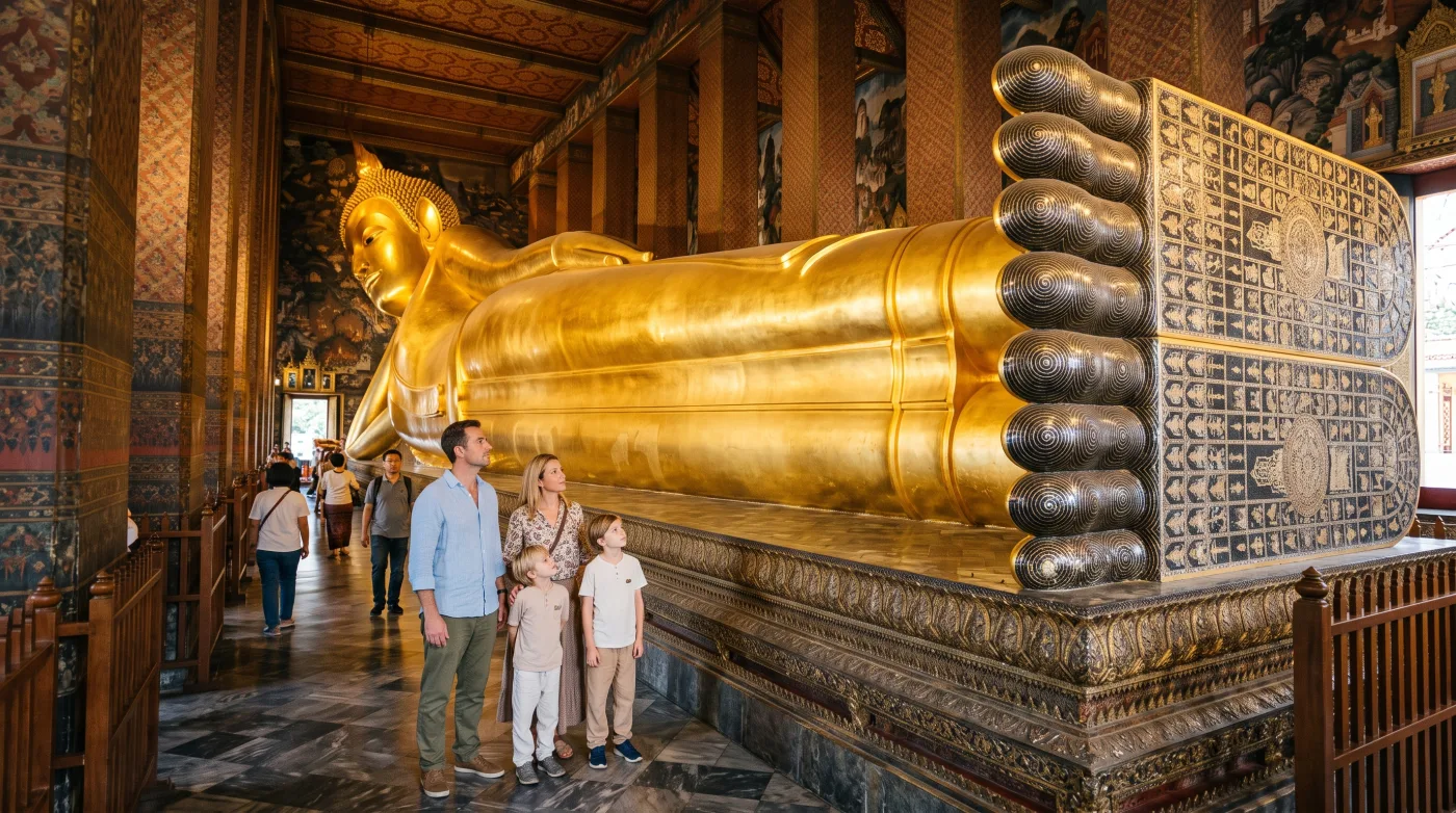 Family looking up at the 46-metre gold reclining Buddha inside Wat Pho in Bangkok