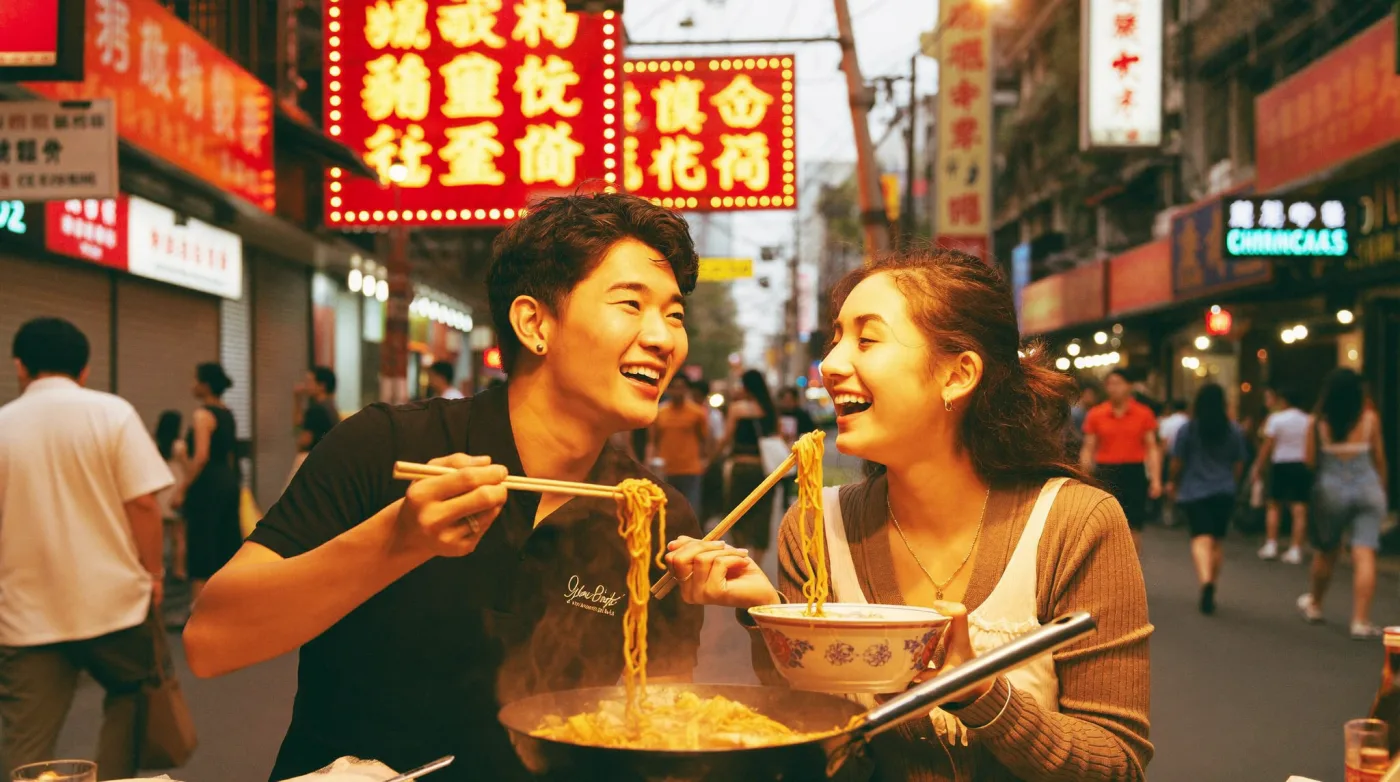 Couple sharing noodles at a street stall under the neon of Yaowarat Road