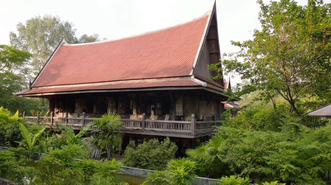 Traditional teak house with a steep roof surrounded by a jungle courtyard in Bangkok