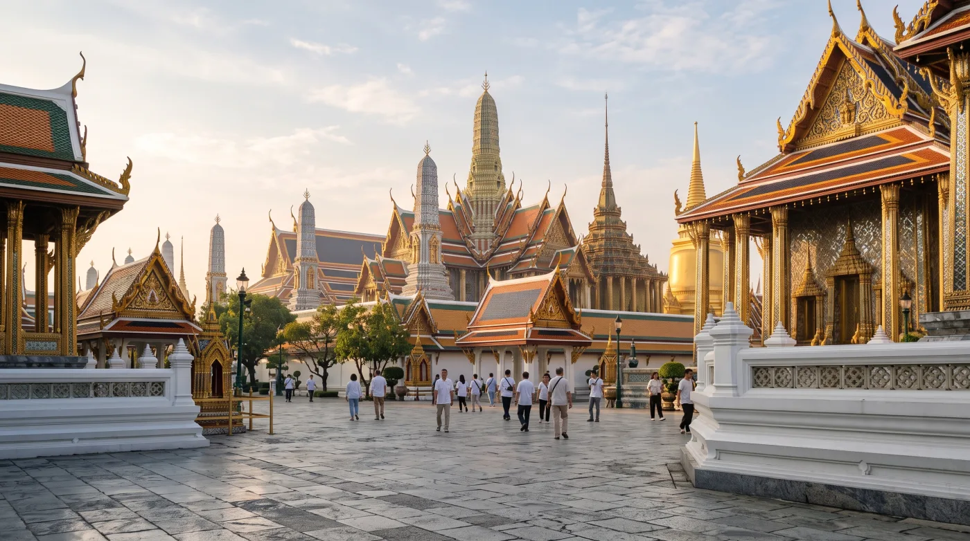 Golden spires and orange tiled roofs inside the Grand Palace grounds in Bangkok in early morning light