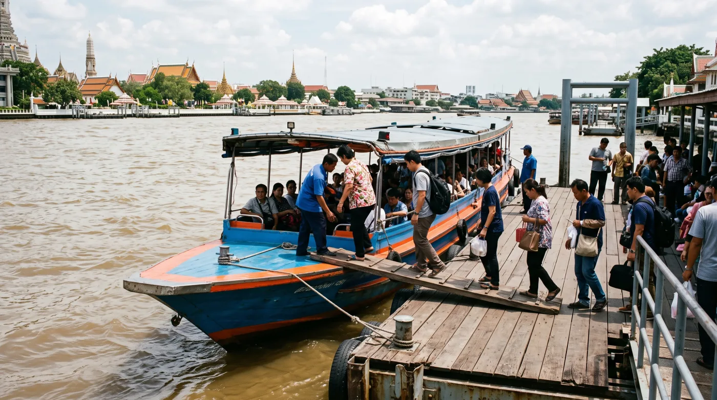 Passengers stepping off a blue and orange Chao Phraya express boat onto a wooden pier
