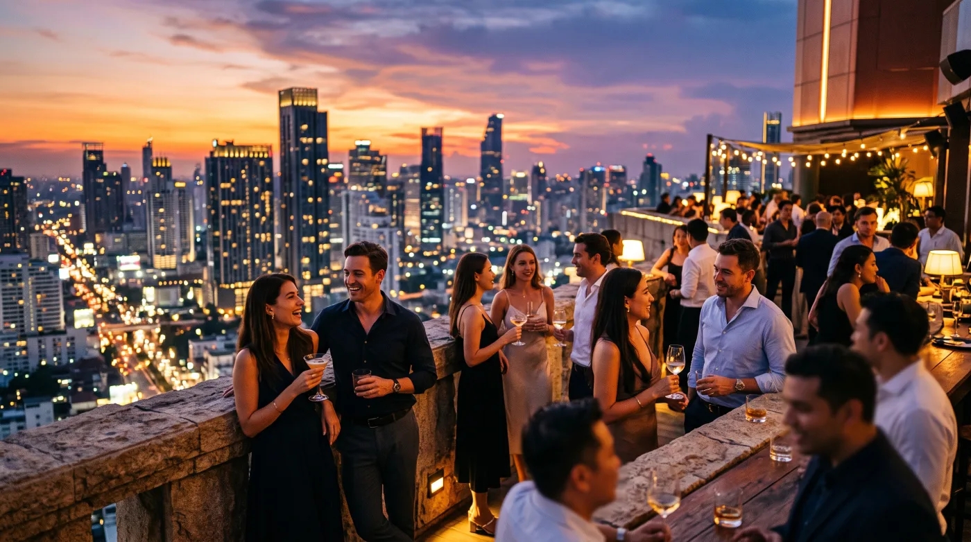 Guests with cocktails on an open rooftop terrace above the lit Bangkok skyline at sunset