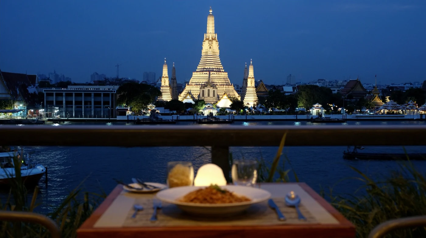 Riverside restaurant table with Wat Arun lit across the water at dusk