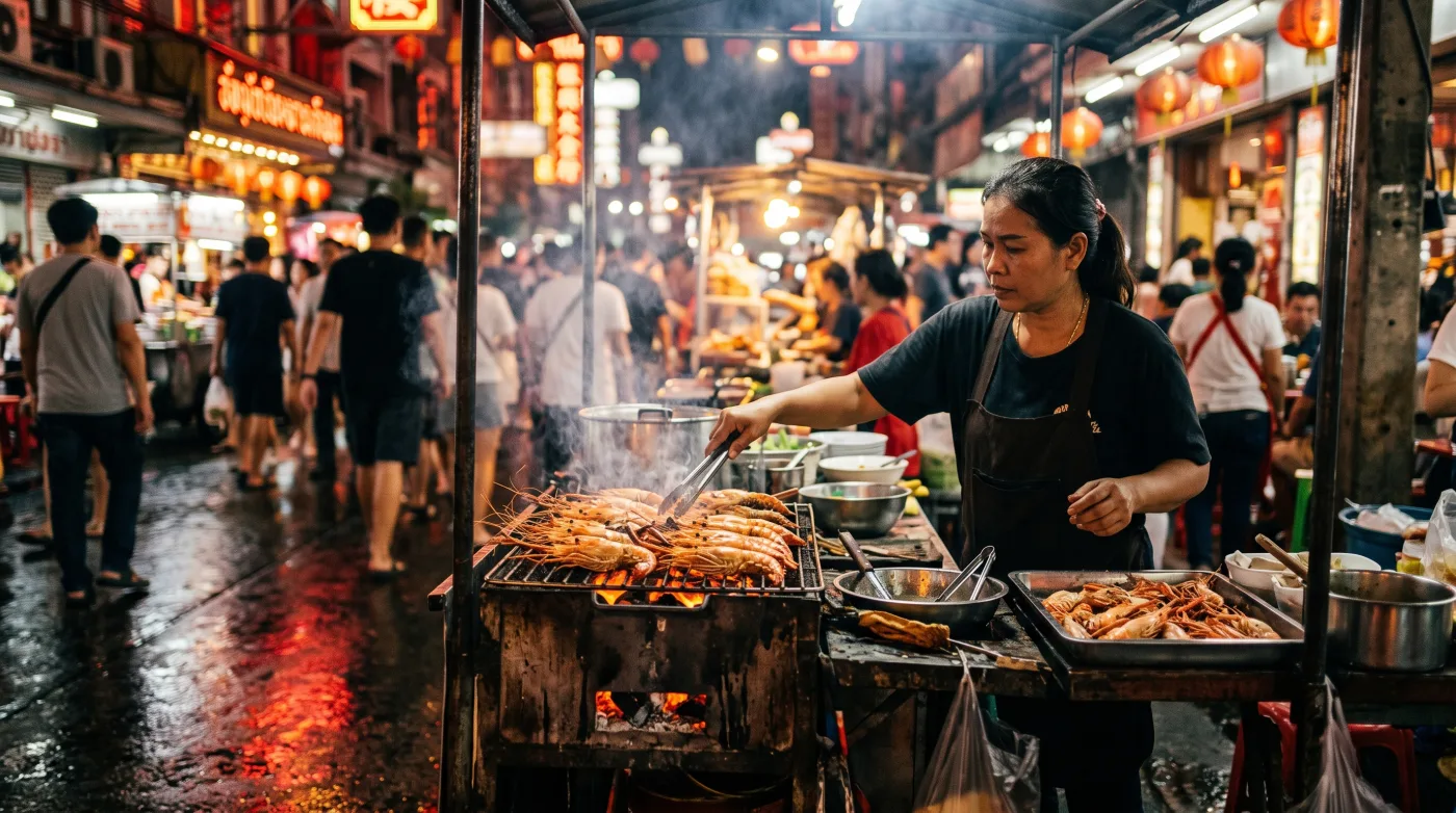 Street vendor grilling prawns over charcoal on Yaowarat Road at night under red lanterns