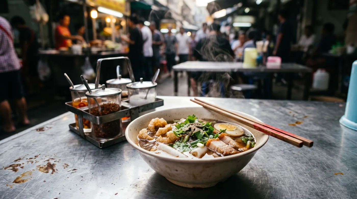 Bowl of Thai noodle soup with pork and greens on a metal table at a street food stall