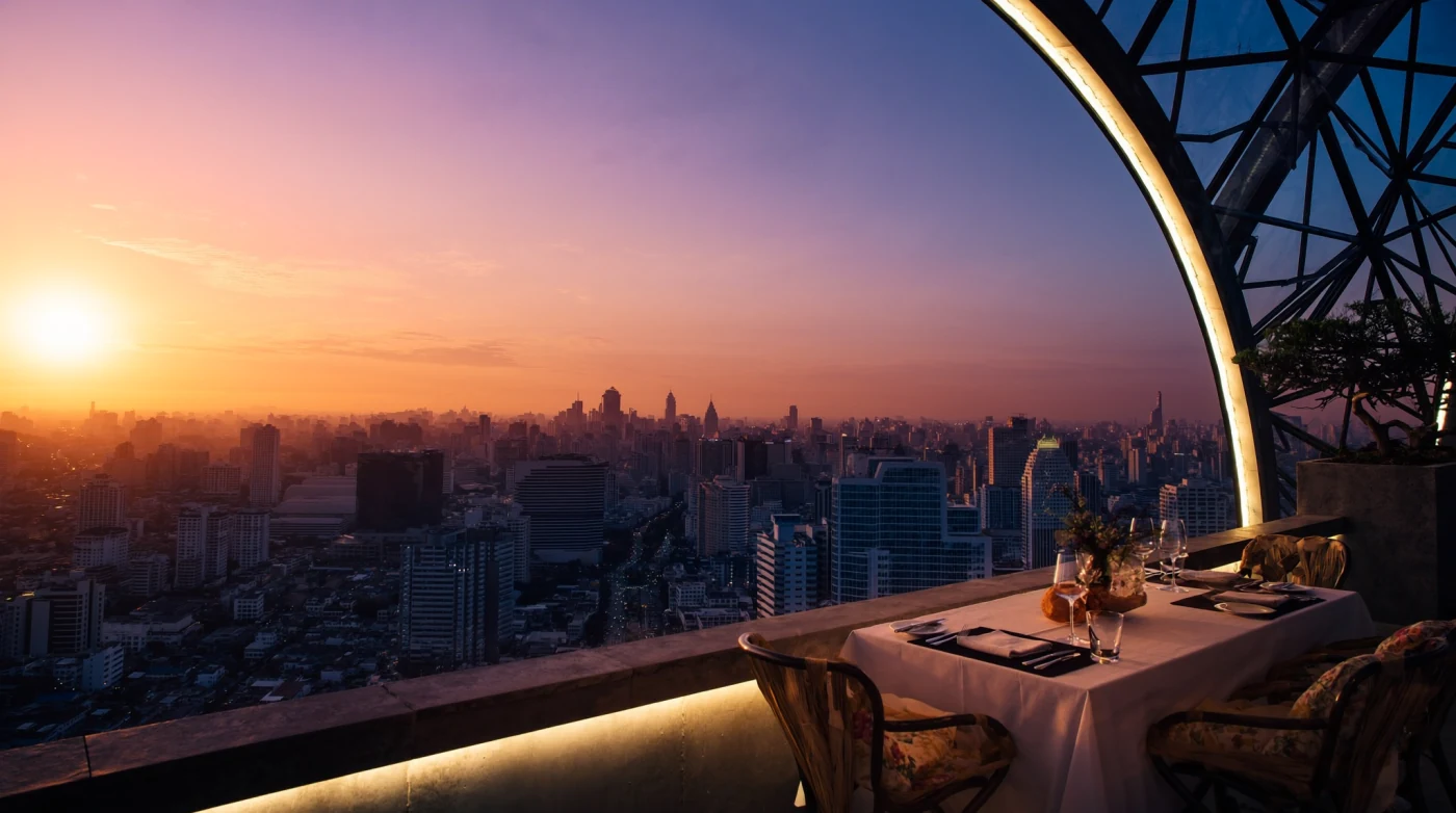 Rooftop dining terrace with a lit arch above the Siam skyline at sunset