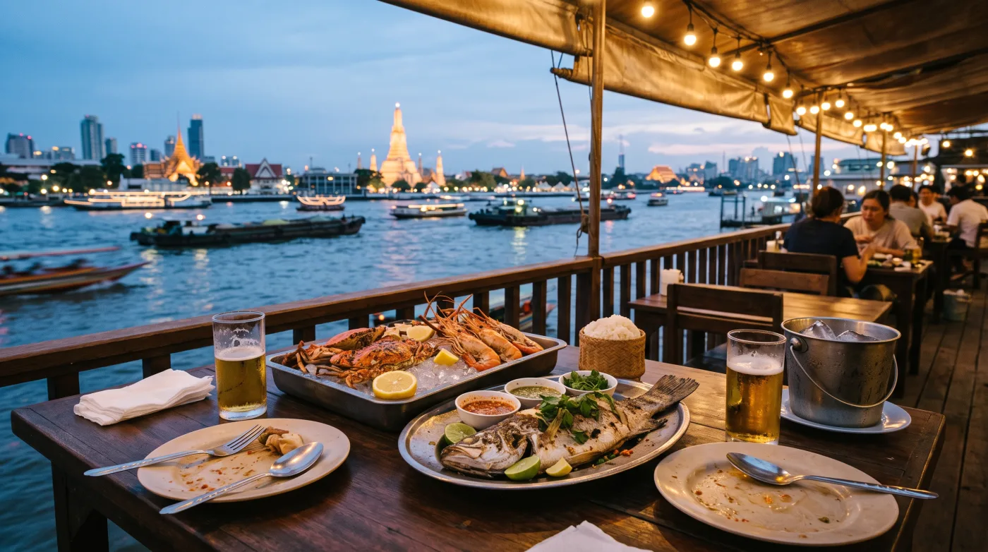 Seafood platter and grilled fish on a riverside table with Wat Arun lit across the water at dusk