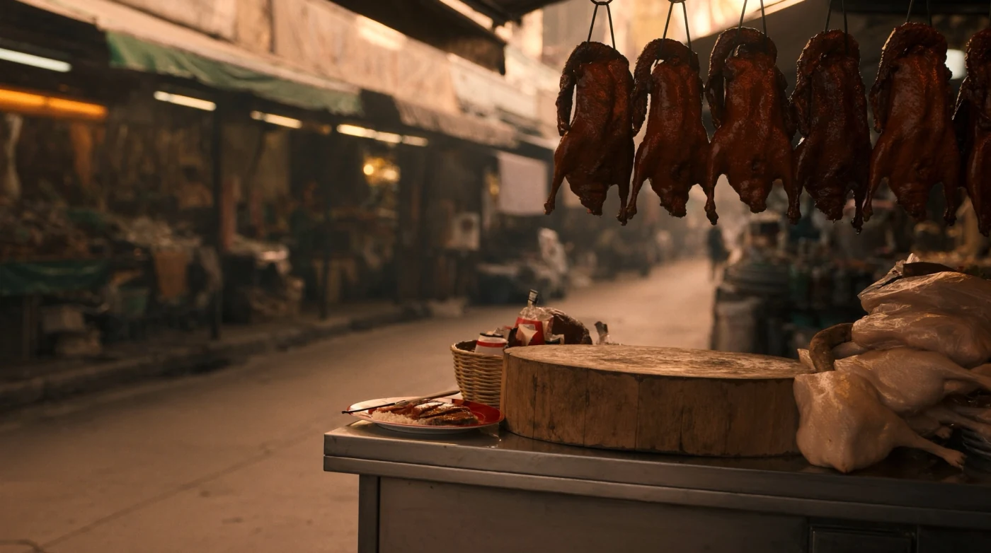 Roast ducks hanging above a counter at a Thonburi market in Bangkok