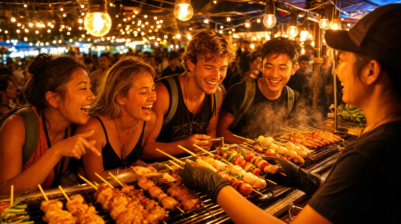 Travellers laughing at a grill stall under strings of warm bulbs at a Bangkok night market
