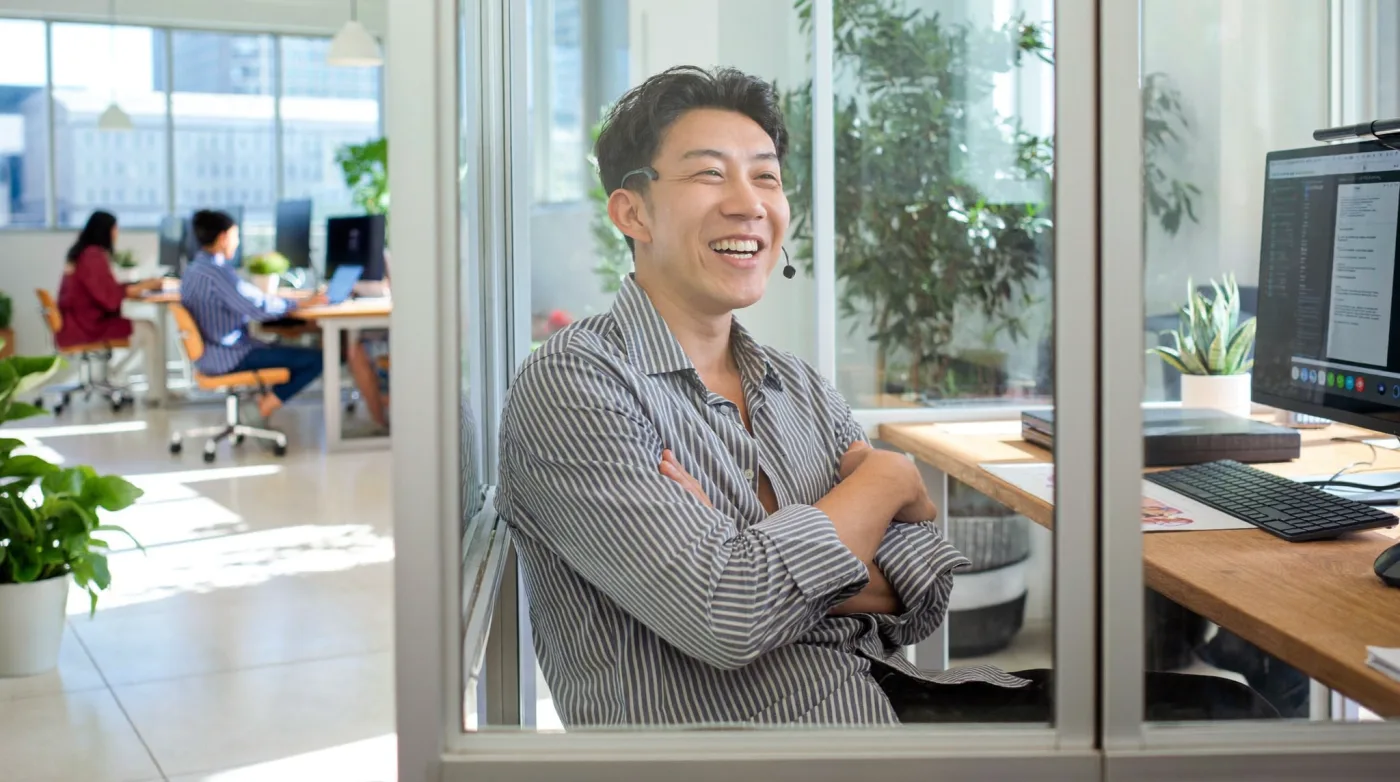 Man on a video call inside a glass phone booth in a Bangkok coworking space