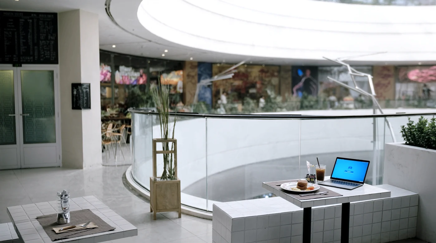 Mall cafe table with a brunch plate and a laptop on a planted balcony floor