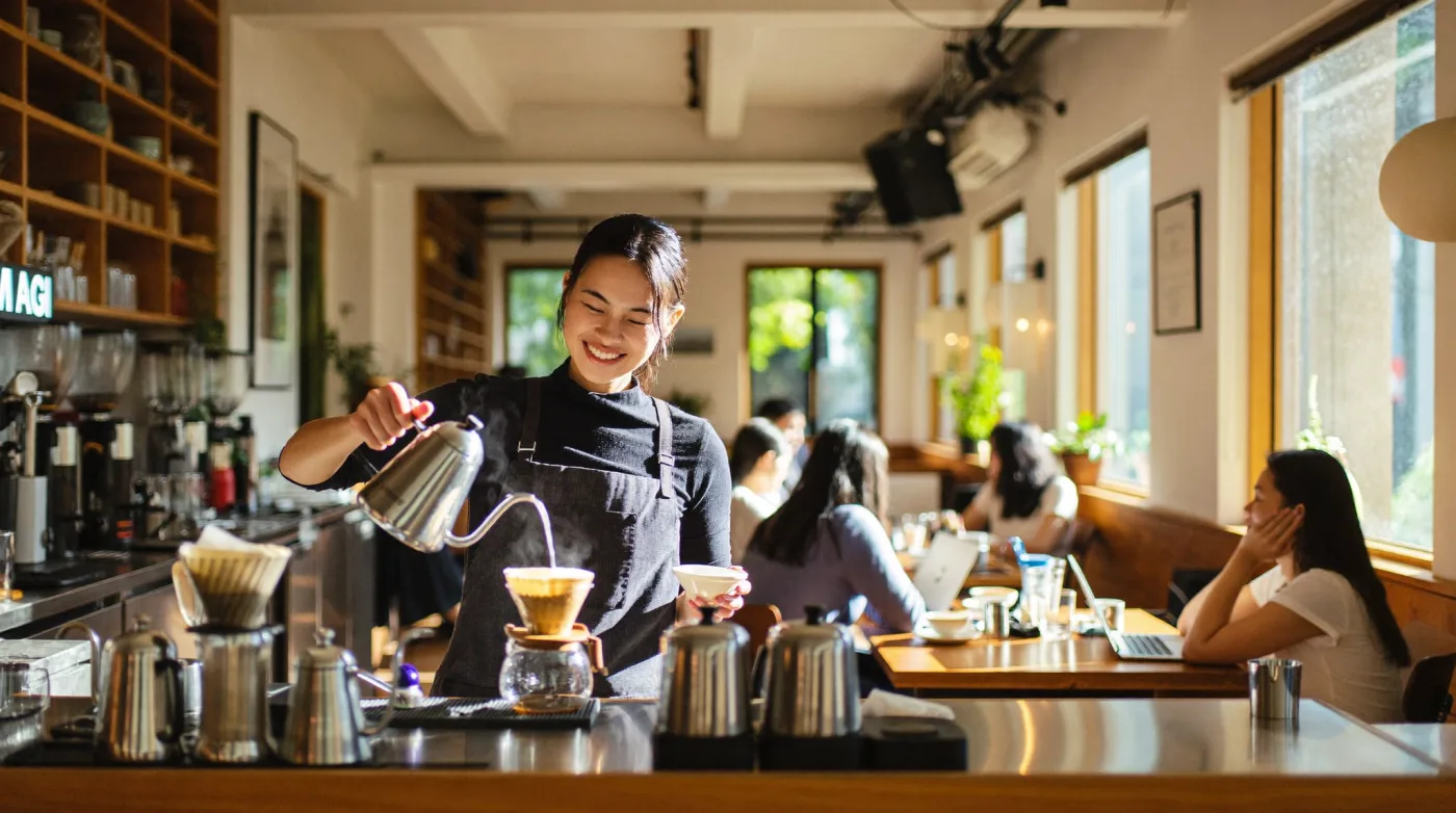Barista making a pour-over while customers work at a sunlit Bangkok coffee shop