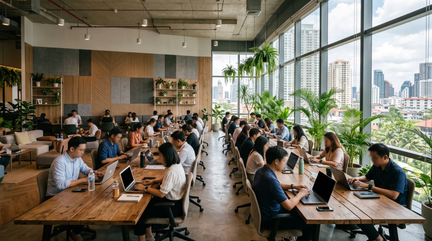Open plan coworking floor in Bangkok with long wooden desks, plants and a city view through tall windows